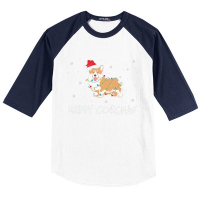 Corgi Dog Merry Corgmas Santa Hat Christmas Light Baseball Sleeve Shirt