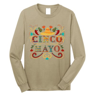 Cinco De Mayo With Sombrero, Chili, Mexico Tacos And Avocado Long Sleeve Shirt