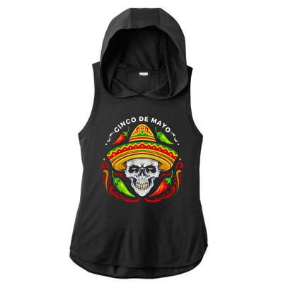 Cinco De Mayo Hot Chili Peppers Skull Ladies PosiCharge Tri-Blend Wicking Draft Hoodie Tank