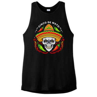 Cinco De Mayo Hot Chili Peppers Skull Ladies PosiCharge Tri-Blend Wicking Tank