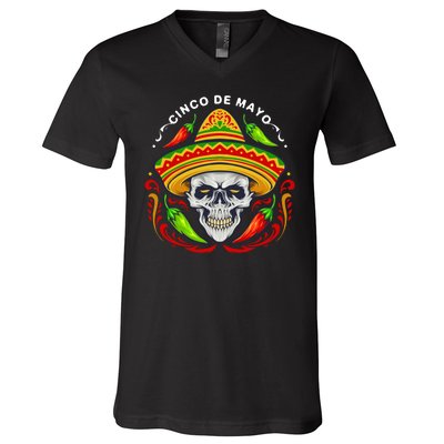 Cinco De Mayo Hot Chili Peppers Skull V-Neck T-Shirt