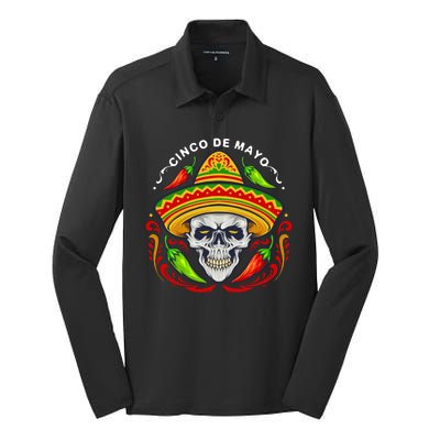 Cinco De Mayo Hot Chili Peppers Skull Silk Touch Performance Long Sleeve Polo