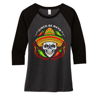 Cinco De Mayo Hot Chili Peppers Skull Women's Tri-Blend 3/4-Sleeve Raglan Shirt