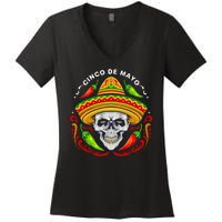 Cinco De Mayo Hot Chili Peppers Skull Women's V-Neck T-Shirt