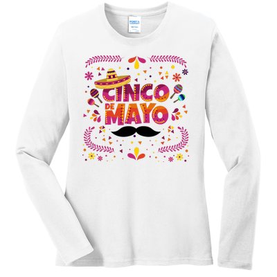 Cinco De Mayo Fiesta Mustache Ladies Long Sleeve Shirt