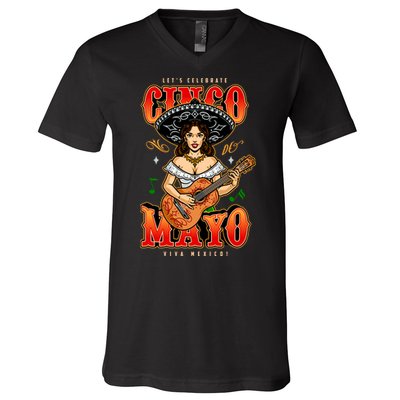 Cinco De Mayo Women Playing Banjo V-Neck T-Shirt