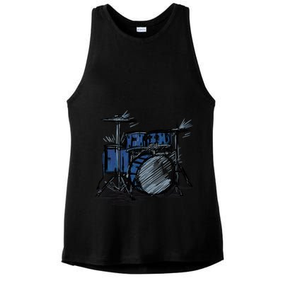 Cool Drummer Music Design Featuring A Sketch Of A Drum Kit Gift Ladies PosiCharge Tri-Blend Wicking Tank