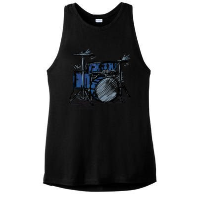 Cool Drummer Music Design Featuring A Sketch Of A Drum Kit Gift Ladies PosiCharge Tri-Blend Wicking Tank