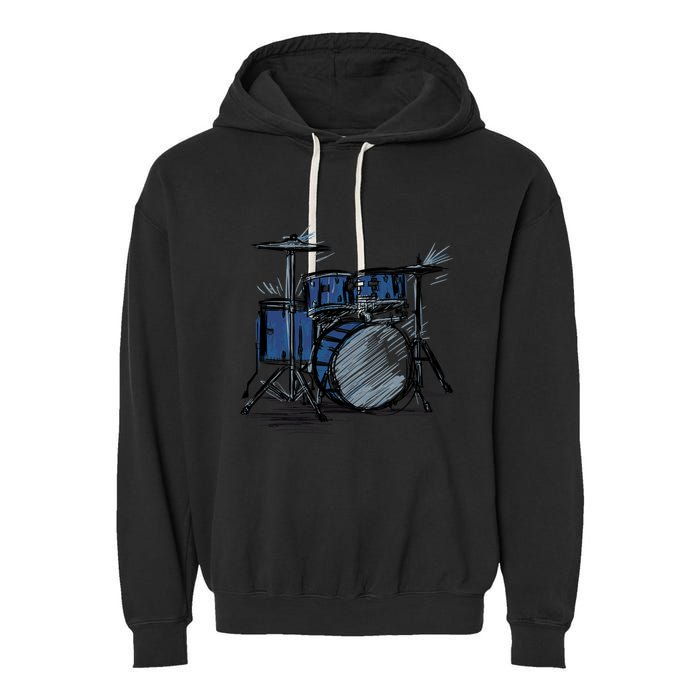 Cool Drummer Music Design Featuring A Sketch Of A Drum Kit Gift Garment-Dyed Fleece Hoodie
