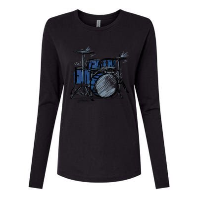 Cool Drummer Music Design Featuring A Sketch Of A Drum Kit Gift Womens Cotton Relaxed Long Sleeve T-Shirt