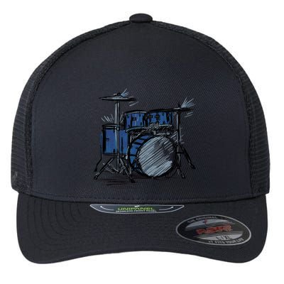 Cool Drummer Music Design Featuring A Sketch Of A Drum Kit Gift Flexfit Unipanel Trucker Cap