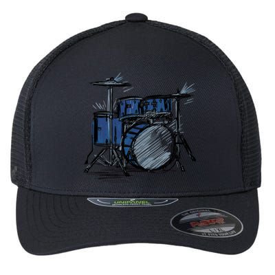 Cool Drummer Music Design Featuring A Sketch Of A Drum Kit Gift Flexfit Unipanel Trucker Cap