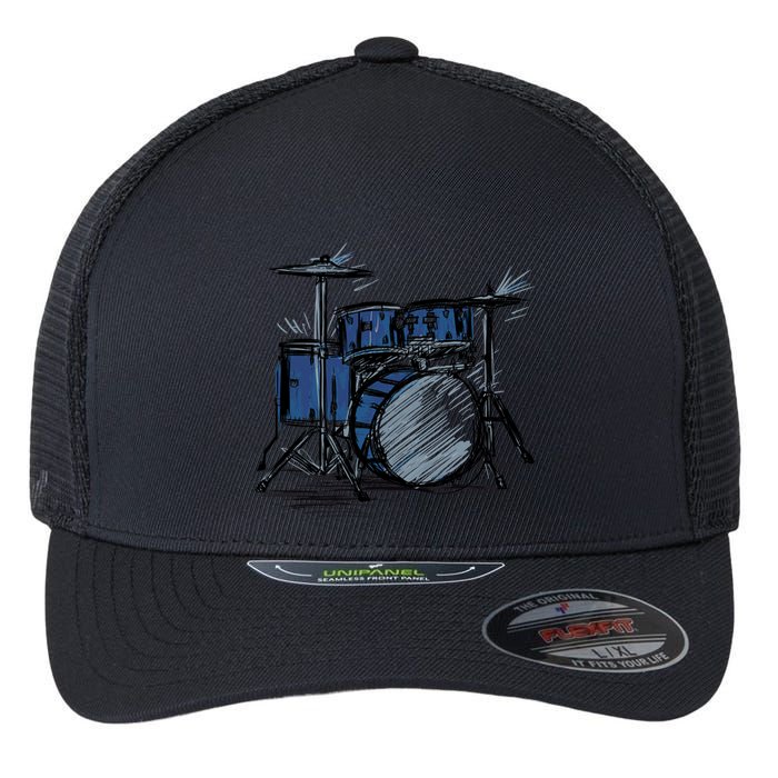 Cool Drummer Music Design Featuring A Sketch Of A Drum Kit Gift Flexfit Unipanel Trucker Cap