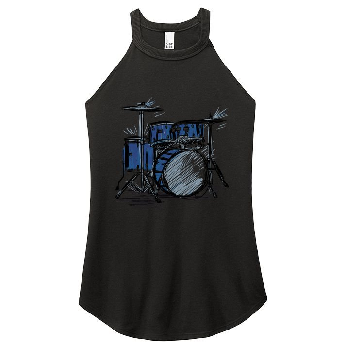 Cool Drummer Music Design Featuring A Sketch Of A Drum Kit Gift Women's Perfect Tri Rocker Tank