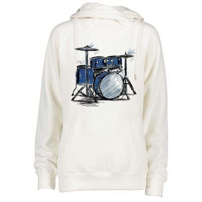 Cool Drummer Music Design Featuring A Sketch Of A Drum Kit Gift Womens Funnel Neck Pullover Hood