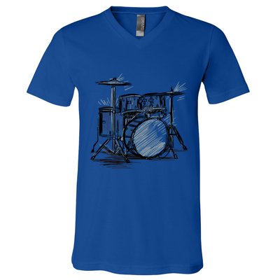 Cool Drummer Music Design Featuring A Sketch Of A Drum Kit Gift V-Neck T-Shirt
