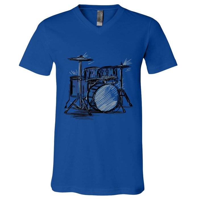 Cool Drummer Music Design Featuring A Sketch Of A Drum Kit Gift V-Neck T-Shirt