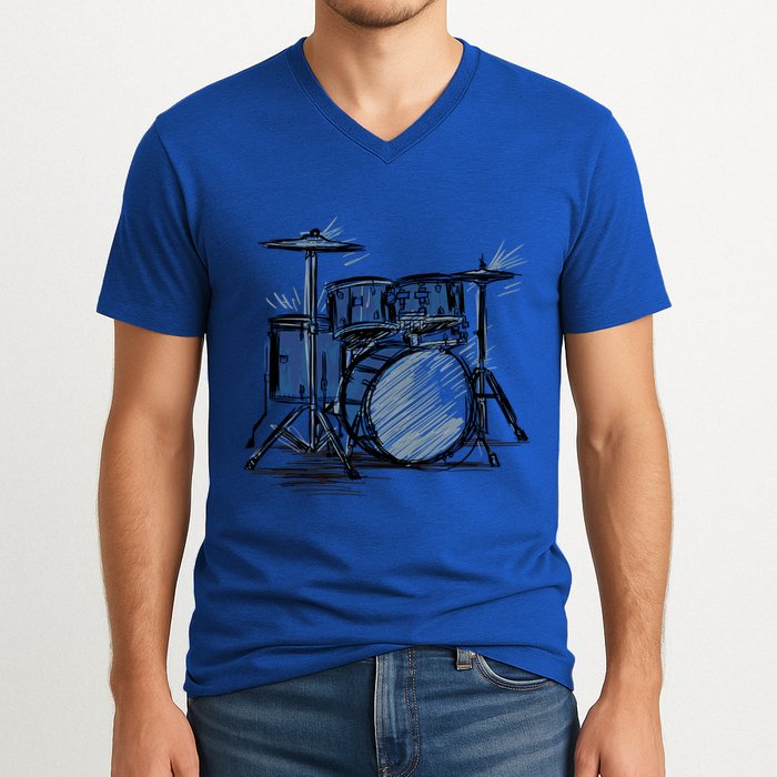 Cool Drummer Music Design Featuring A Sketch Of A Drum Kit Gift V-Neck T-Shirt
