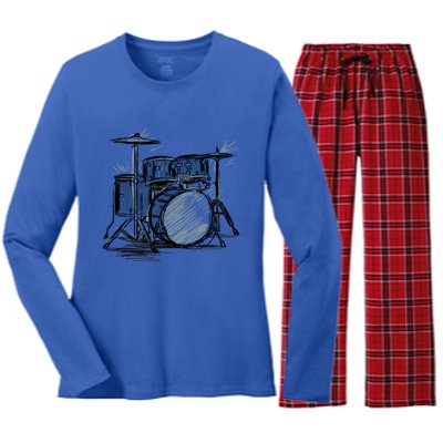 Cool Drummer Music Design Featuring A Sketch Of A Drum Kit Gift Women's Long Sleeve Flannel Pajama Set 