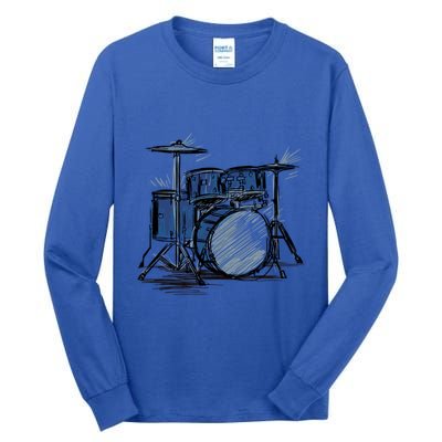 Cool Drummer Music Design Featuring A Sketch Of A Drum Kit Gift Tall Long Sleeve T-Shirt