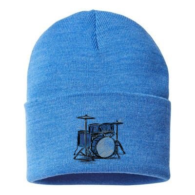 Cool Drummer Music Design Featuring A Sketch Of A Drum Kit Gift Sustainable Knit Beanie