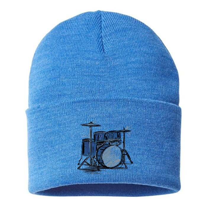 Cool Drummer Music Design Featuring A Sketch Of A Drum Kit Gift Sustainable Knit Beanie