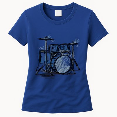 Cool Drummer Music Design Featuring A Sketch Of A Drum Kit Gift Womens T-Shirt