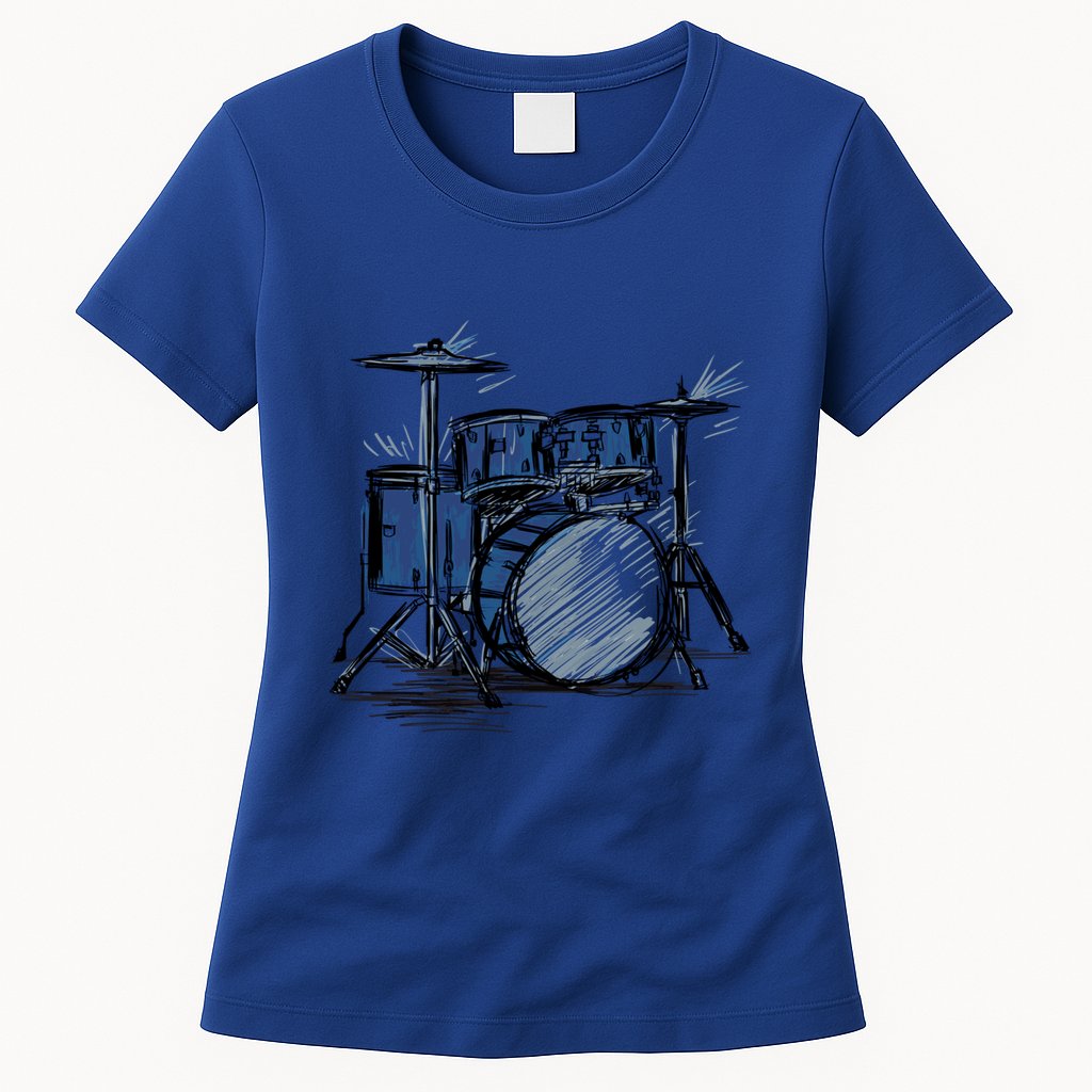 Cool Drummer Music Design Featuring A Sketch Of A Drum Kit Gift Womens T-Shirt