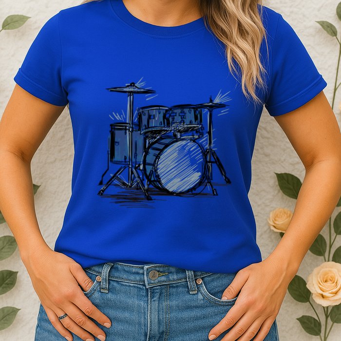 Cool Drummer Music Design Featuring A Sketch Of A Drum Kit Gift Womens T-Shirt