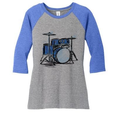 Cool Drummer Music Design Featuring A Sketch Of A Drum Kit Gift Women's Tri-Blend 3/4-Sleeve Raglan Shirt