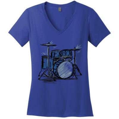 Cool Drummer Music Design Featuring A Sketch Of A Drum Kit Gift Women's V-Neck T-Shirt