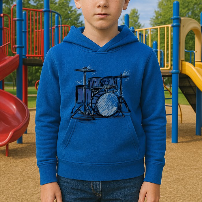 Cool Drummer Music Design Featuring A Sketch Of A Drum Kit Gift Kids Hoodie