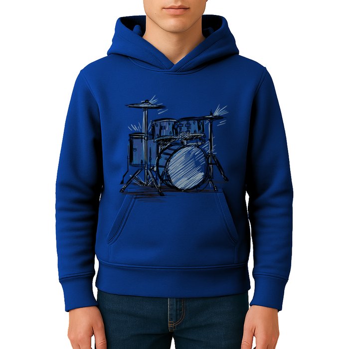 Cool Drummer Music Design Featuring A Sketch Of A Drum Kit Gift Kids Hoodie