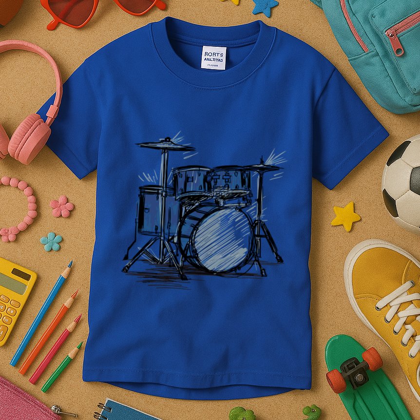 Cool Drummer Music Design Featuring A Sketch Of A Drum Kit Gift Kids T-Shirt