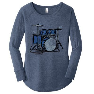 Cool Drummer Music Design Featuring A Sketch Of A Drum Kit Gift Women's Perfect Tri Tunic Long Sleeve Shirt