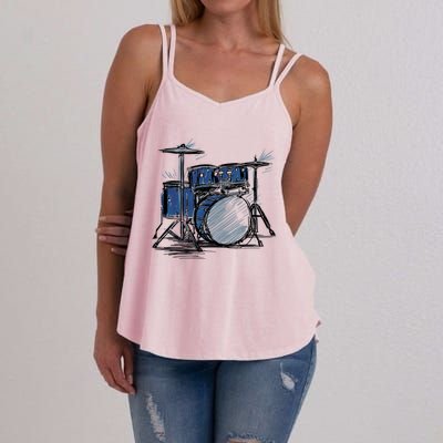 Cool Drummer Music Design Featuring A Sketch Of A Drum Kit Gift Women's Strappy Tank