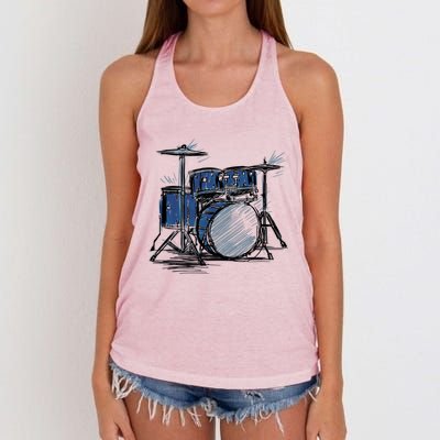 Cool Drummer Music Design Featuring A Sketch Of A Drum Kit Gift Women's Knotted Racerback Tank