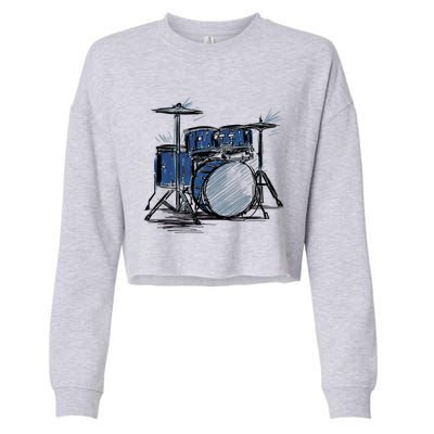 Cool Drummer Music Design Featuring A Sketch Of A Drum Kit Gift Cropped Pullover Crew