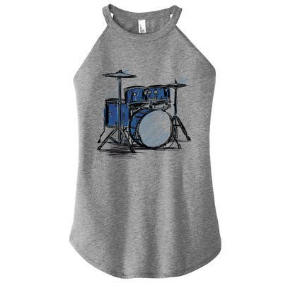 Cool Drummer Music Design Featuring A Sketch Of A Drum Kit Gift Women's Perfect Tri Rocker Tank