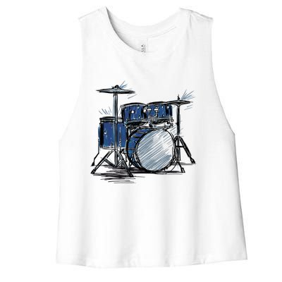 Cool Drummer Music Design Featuring A Sketch Of A Drum Kit Gift Women's Racerback Cropped Tank