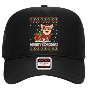 Corgi Dog Merry Corgmas Santa Corgi Ugly Christmas Sweater High Crown Mesh Back Trucker Hat