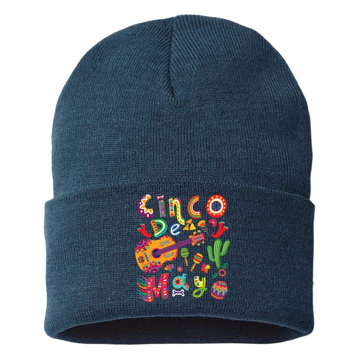 Cinco De Mayo Mexican Fiesta Cool Guitar Cactus Sustainable Knit Beanie