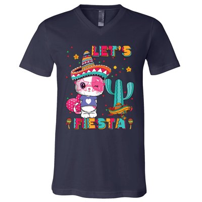 Cinco De Mayo Meow Lets Fiesta Mexican Cactus Cute Cat V-Neck T-Shirt