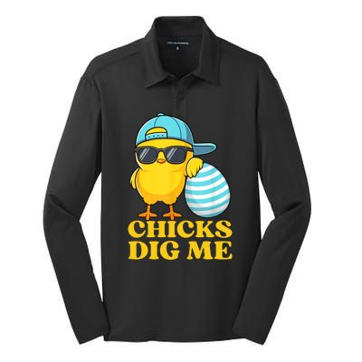 Chicks Dig Me Easter Happy Easter Funny Silk Touch Performance Long Sleeve Polo