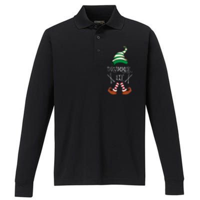 Christmas Drums Music Elf Family Gift Drummer Elf Performance Long Sleeve Polo