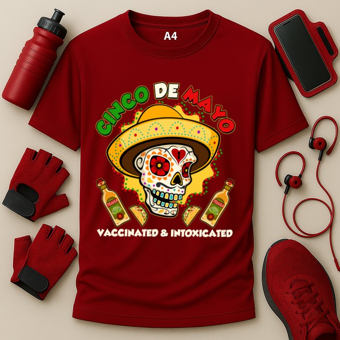 Cinco De Mayo Vaccinated And Intoxicated Sugar Skull Cooling Performance Crew T-Shirt