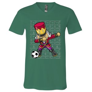 Christmas Dabbing Nutcracker Soccer Player Coach V-Neck T-Shirt