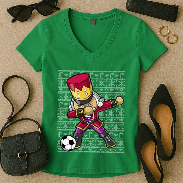 Christmas Dabbing Nutcracker Soccer Player Coach Women's V-Neck T-Shirt