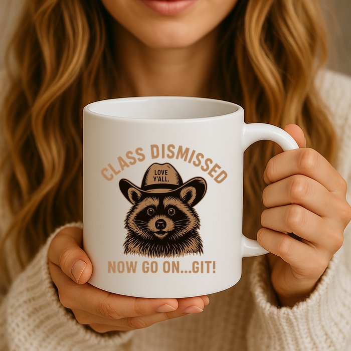Class Dismissed Now Go On Git Last Day Of School Raccoon Mug