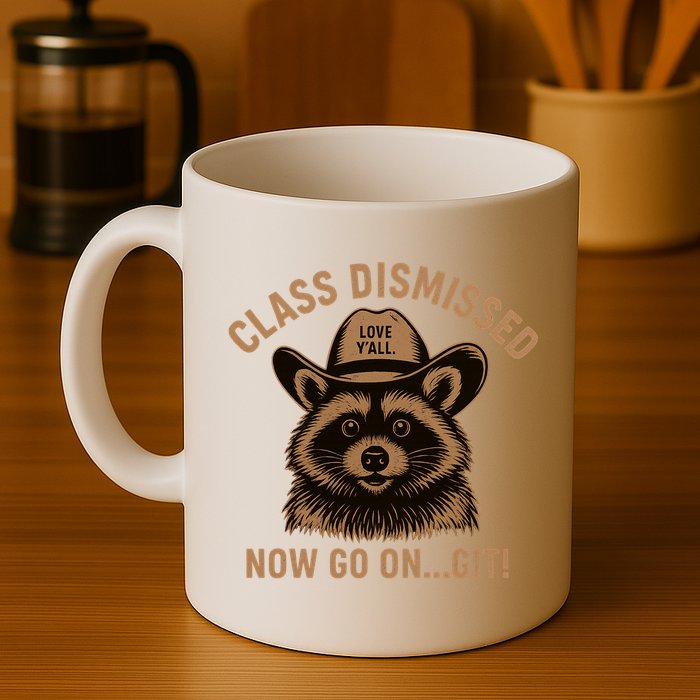 Class Dismissed Now Go On Git Last Day Of School Raccoon Mug